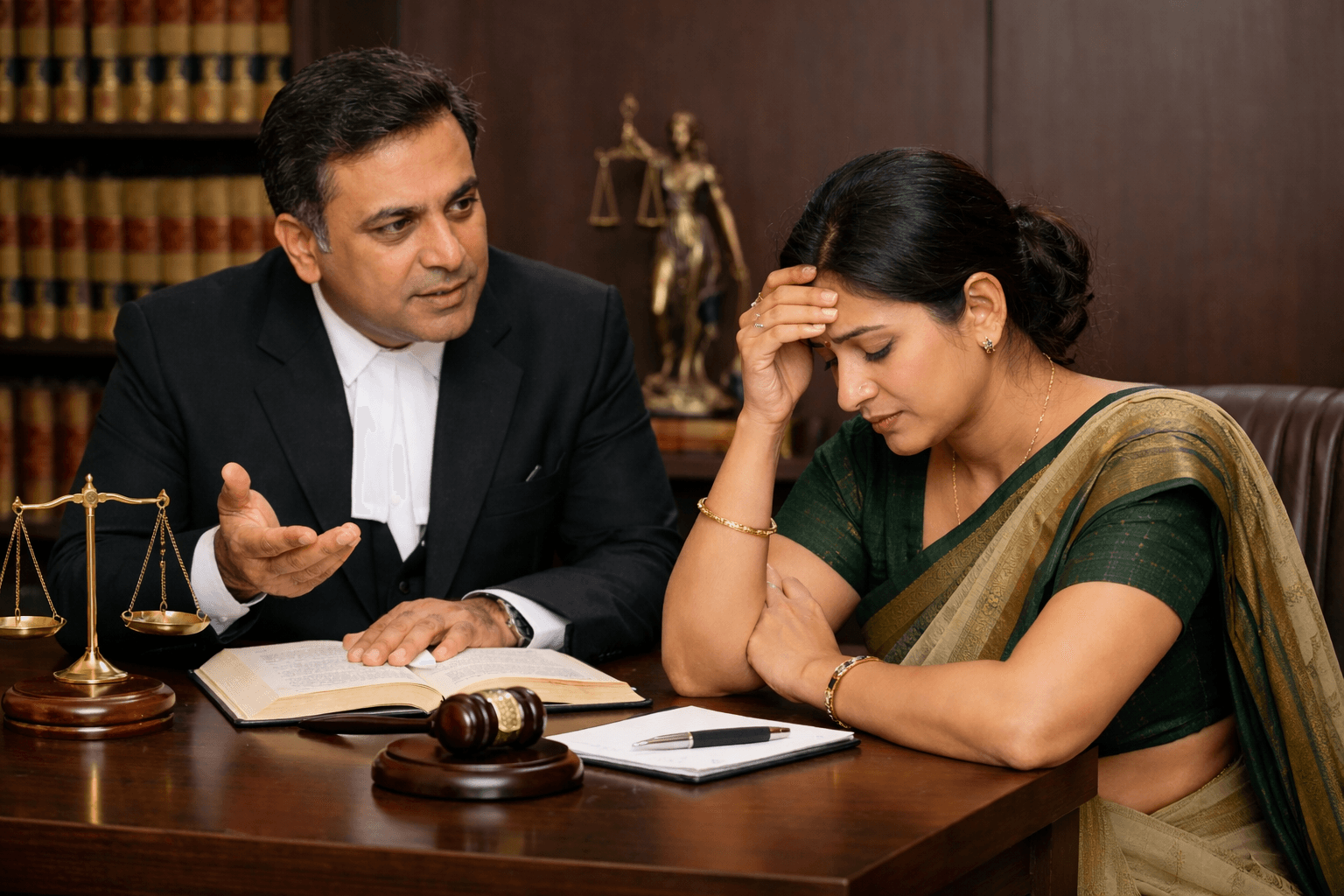 Young Indian lawyer providing legal consultation to a senior woman